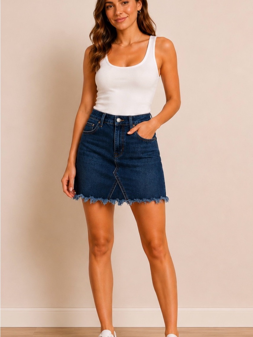Celebrity Pink Dark Blue Denim Frayed Hem Mini Skirt